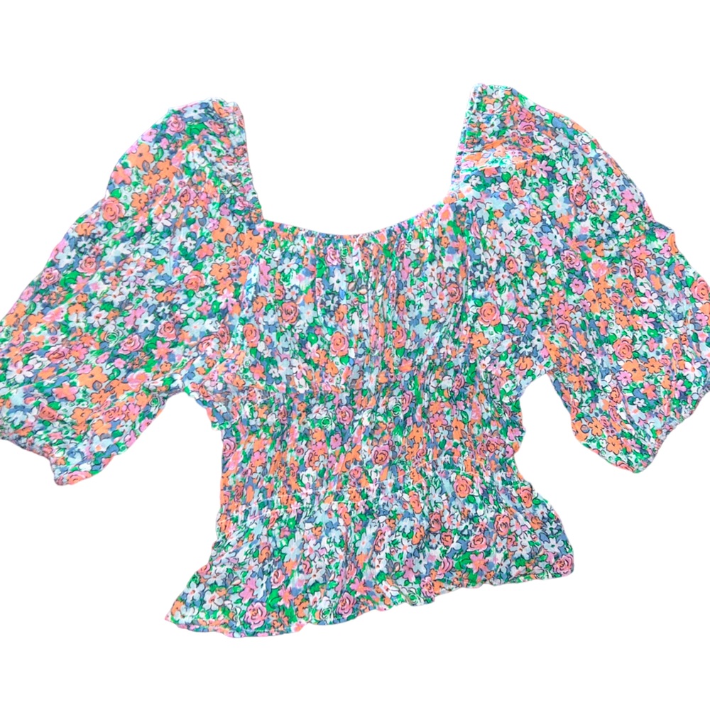 NWT C&V Floral Ruched Puff Sleeve Cropped Peplum Top XS